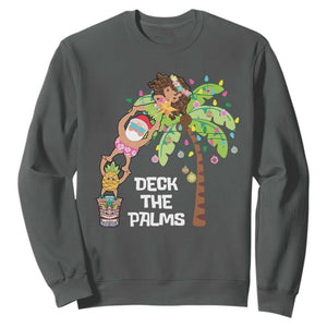 Christmas In Hawaii Sweatshirt Deck The Palms Santa Hula Girl Tiki TS11 Dark Heather Print Your Wear