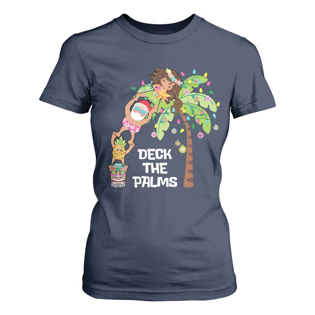 Christmas In Hawaii T Shirt For Women Deck The Palms Santa Hula Girl Tiki TS11 Navy Print Your Wear