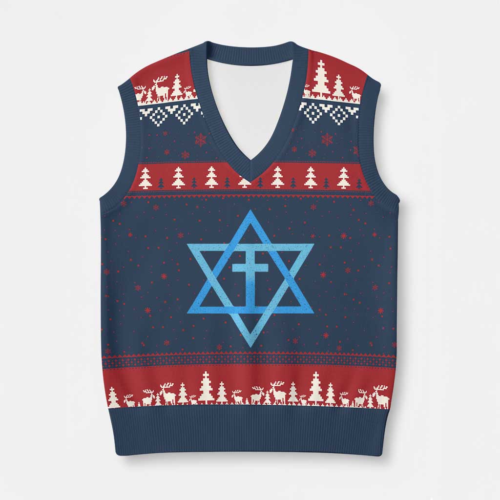 Messianic Cross Star of David Yeshua Jesus V-Neck Knit Sweater Vest TS11 Navy Red Print Your Wear