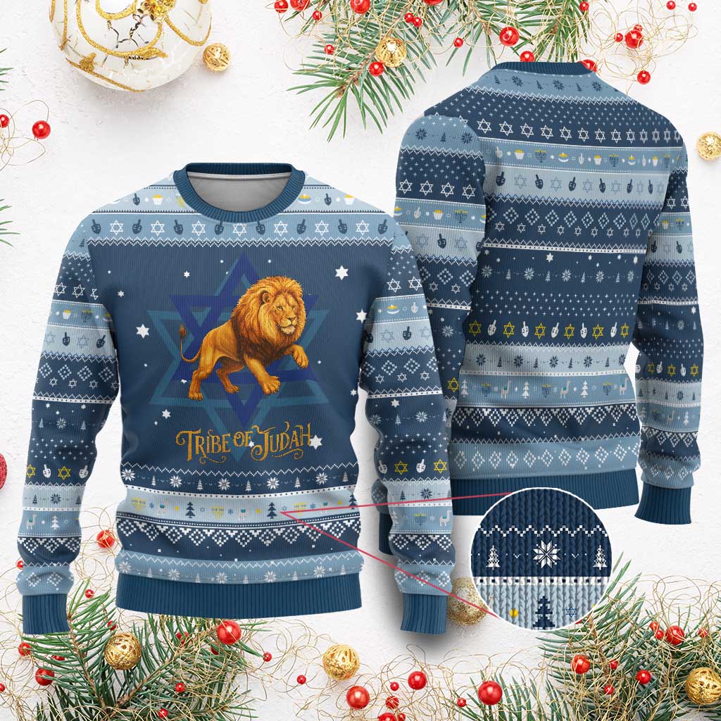 Tribe Of Judah Hanukkah Ugly Sweater Bible History Hebrew Christ Israelite Lion TS11 Navy Light Blue Print Your Wear