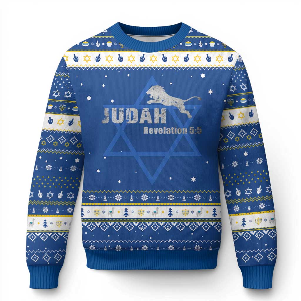 Lion Tribe of Judah Hebrew Christ Israelite Hanukkah Ugly Sweater TS11 Blue White Print Your Wear