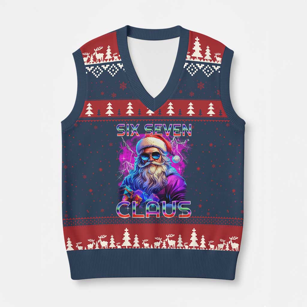 Funny Six Seven Claus V-Neck Knit Sweater Vest 67 Xmas Santa Meme Gen Alpha TS11 Navy Red Print Your Wear
