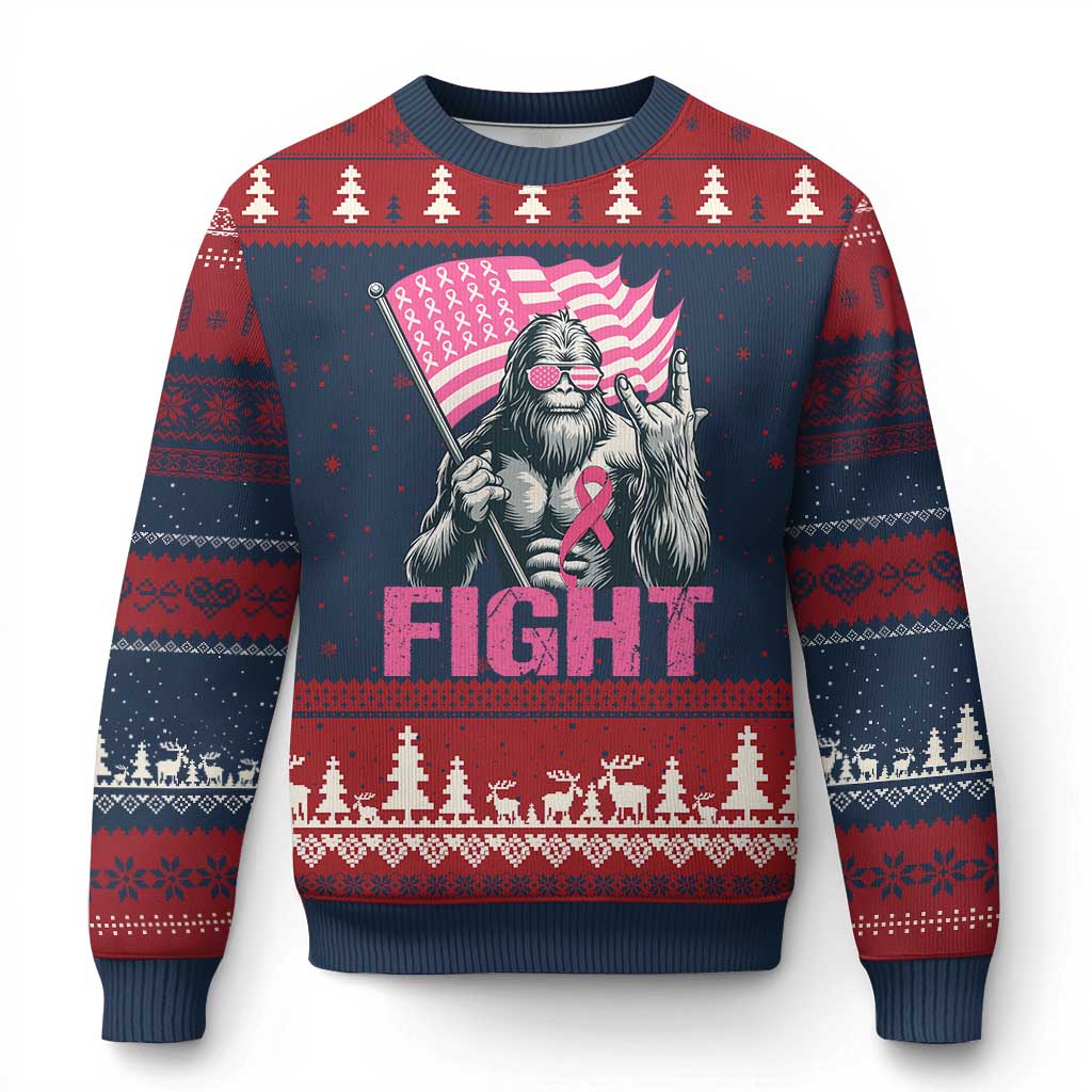 Funny Bigfoot Breast Cancer Awareness Ugly Christmas Sweater Fight Pink Ribbon TS11 Navy Red Print Your Wear