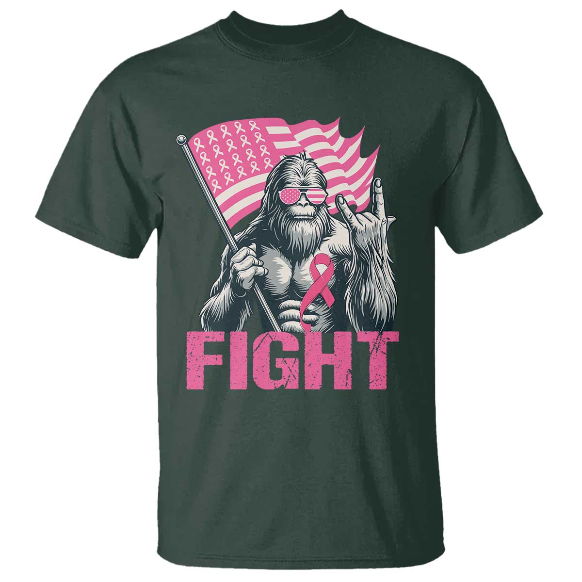 Funny Bigfoot Breast Cancer Awareness T Shirt Fight Pink Ribbon TS11 Dark Forest Green Print Your Wear