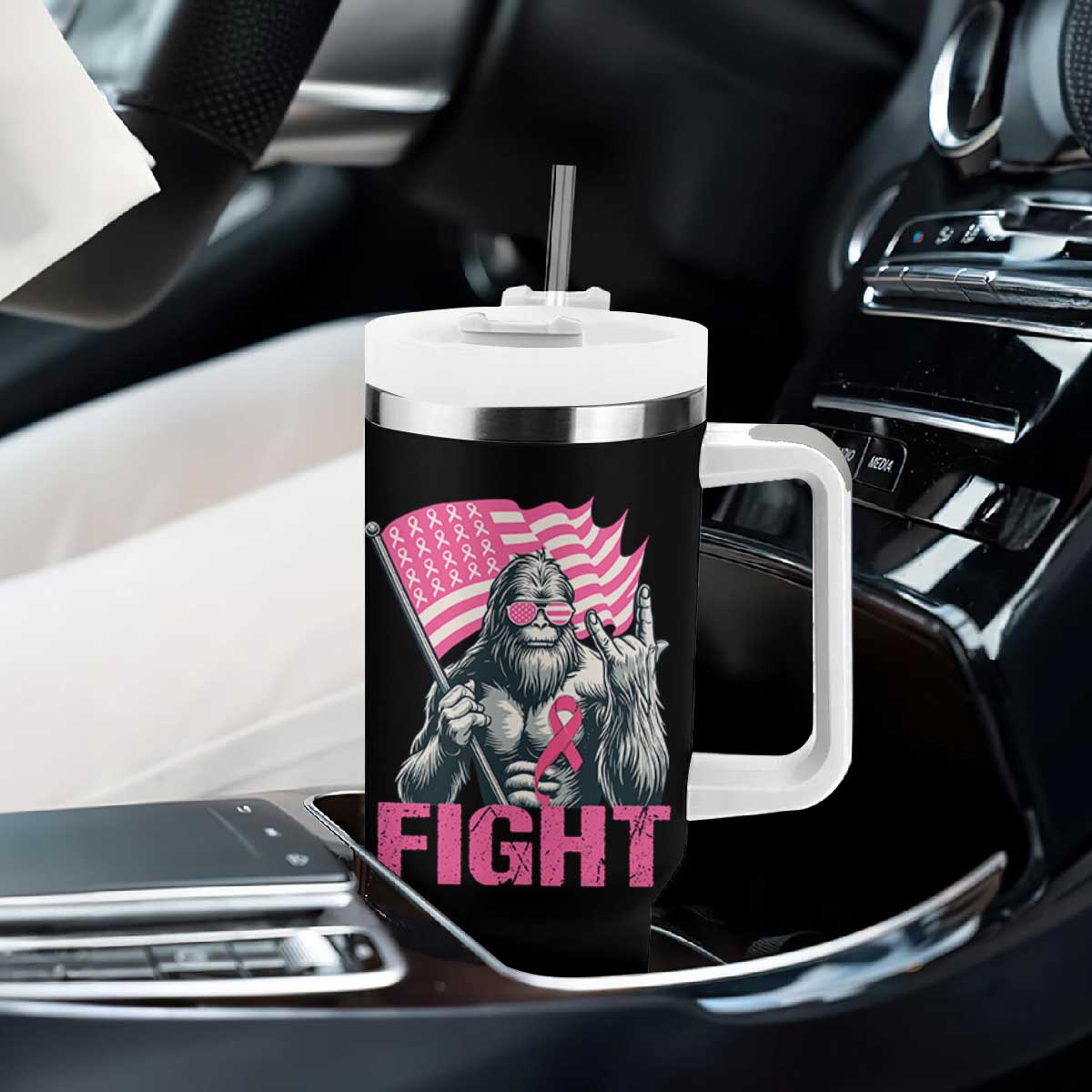 Funny Bigfoot Breast Cancer Awareness Tumbler With Handle Fight Pink Ribbon TS11 Print Your Wear