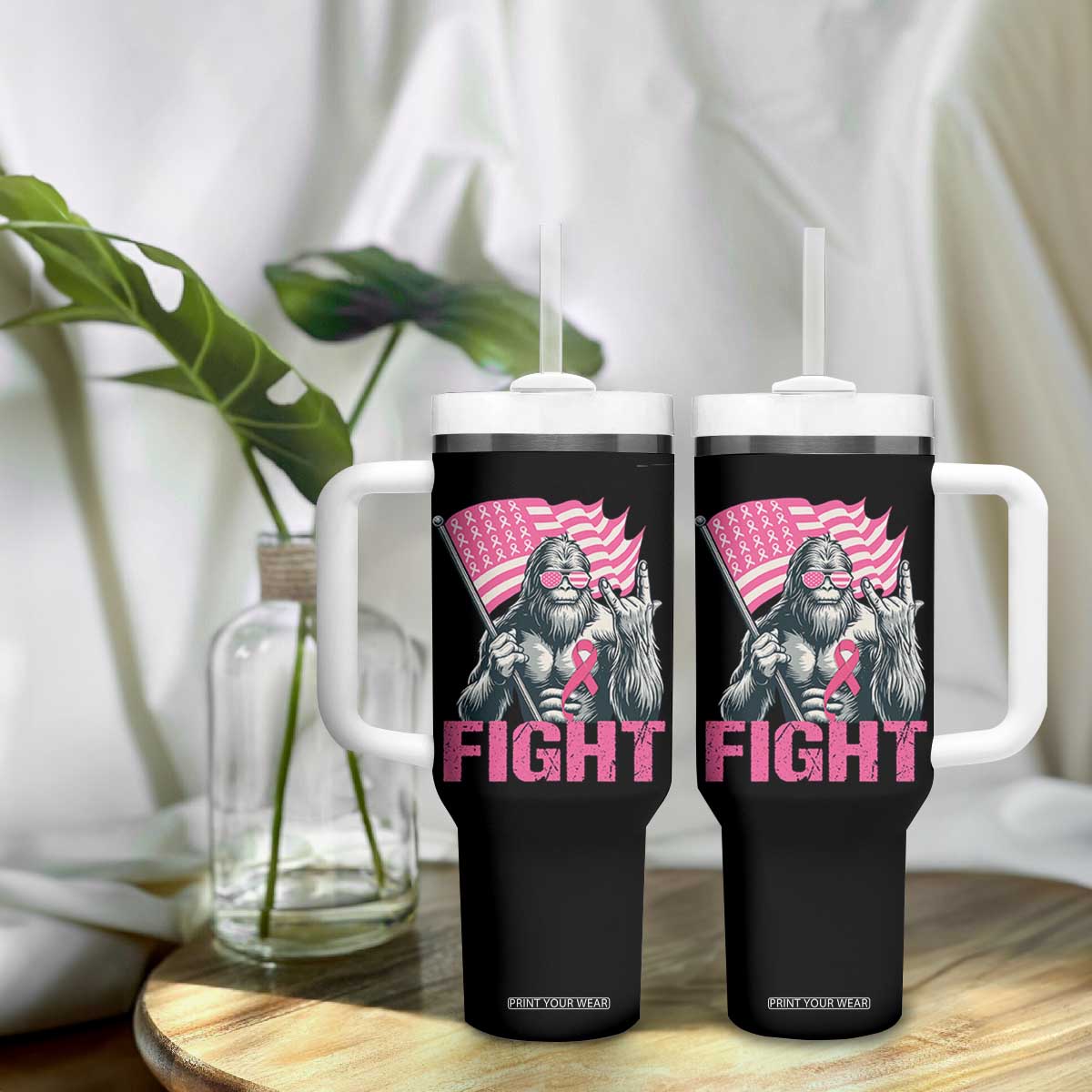 Funny Bigfoot Breast Cancer Awareness Tumbler With Handle Fight Pink Ribbon TS11 Print Your Wear