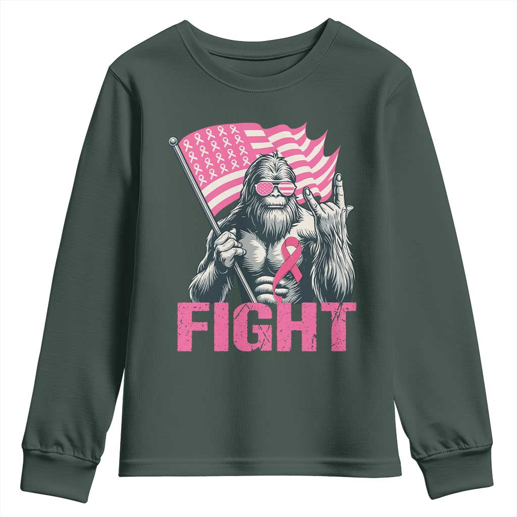 Funny Bigfoot Breast Cancer Awareness Youth Sweatshirt Fight Pink Ribbon TS11 Dark Forest Green Print Your Wear