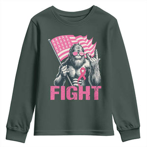 Funny Bigfoot Breast Cancer Awareness Youth Sweatshirt Fight Pink Ribbon TS11 Dark Forest Green Print Your Wear