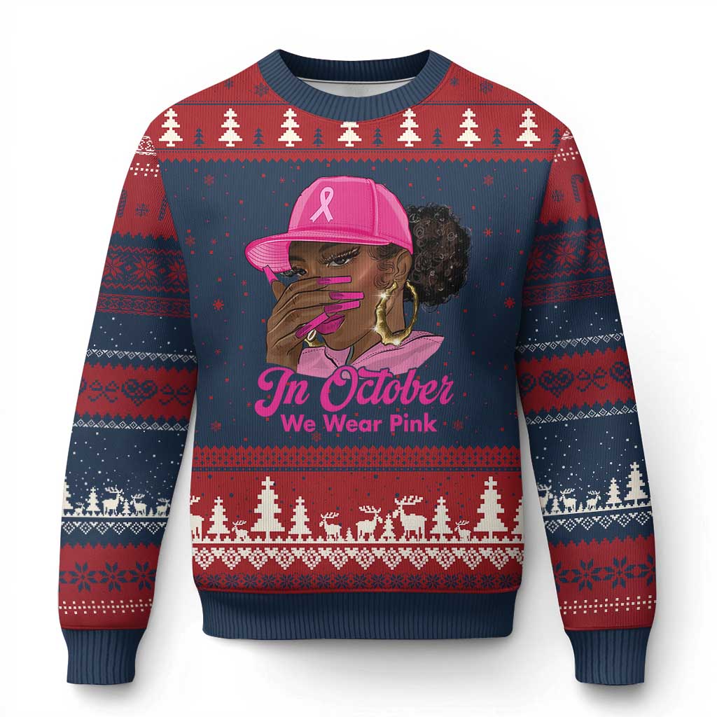 In October We Wear Pink Ugly Christmas Sweater Black Women Breast Cancer Awareness TS11 Navy Red Print Your Wear