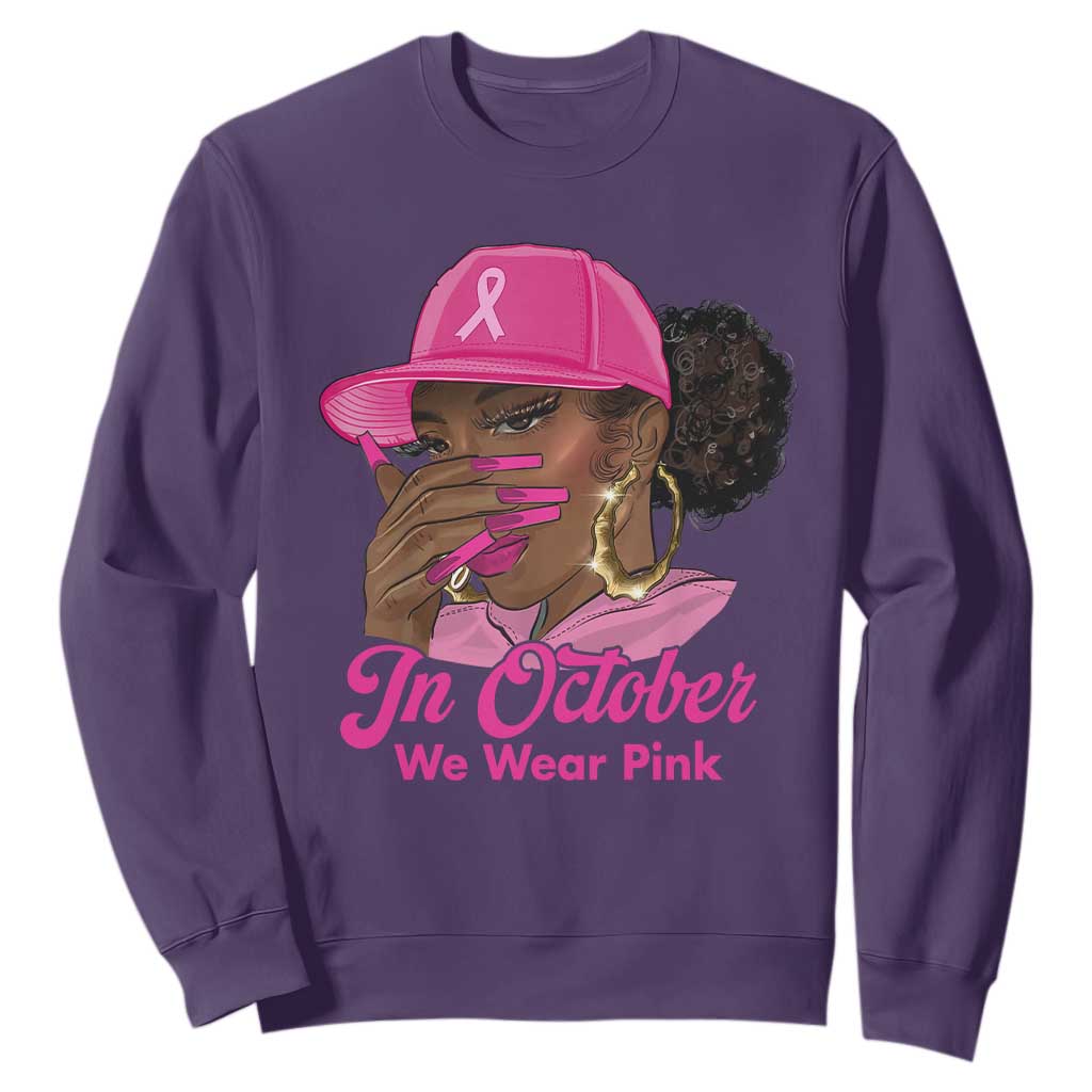 In October We Wear Pink Sweatshirt Black Women Breast Cancer Awareness TS11 Purple Print Your Wear