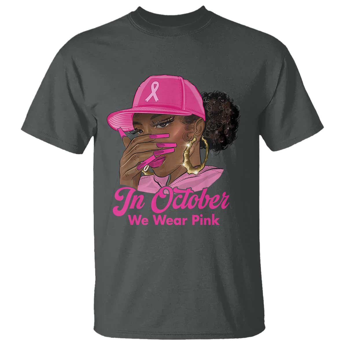 In October We Wear Pink T Shirt Black Women Breast Cancer Awareness TS11 Dark Heather Print Your Wear