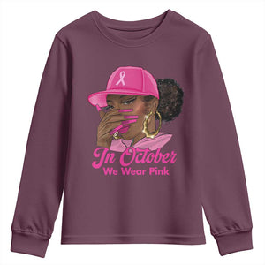 In October We Wear Pink Youth Sweatshirt Black Women Breast Cancer Awareness TS11 Maroon Print Your Wear