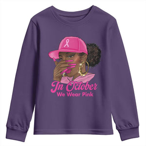In October We Wear Pink Youth Sweatshirt Black Women Breast Cancer Awareness TS11 Purple Print Your Wear