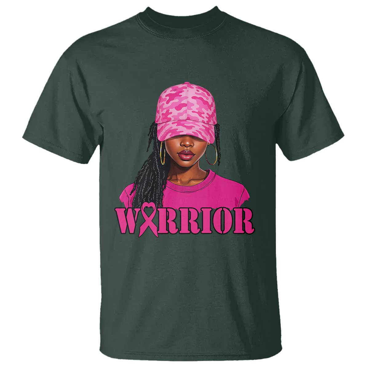 African American Warrior Breast Cancer T Shirt Pink Ribbon TS11 Dark Forest Green Print Your Wear