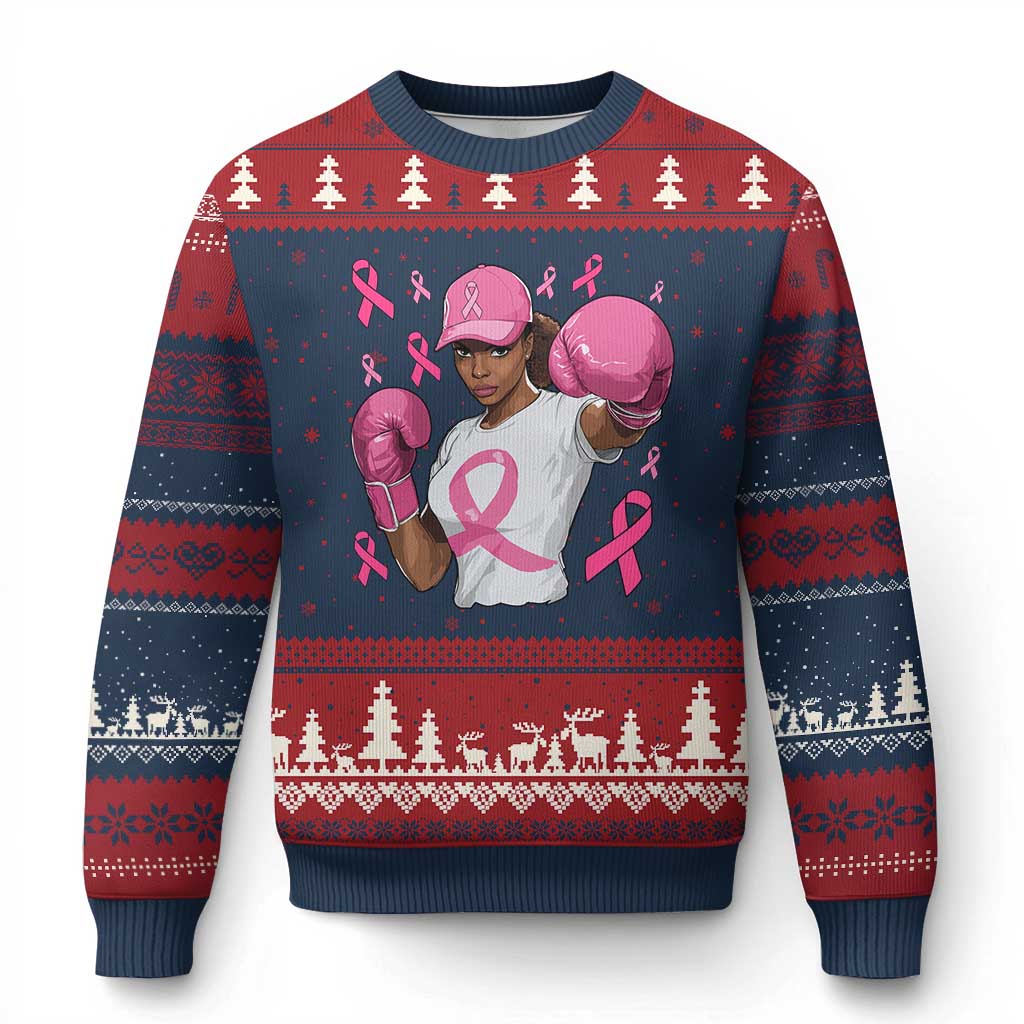 African American Fighter Breast Cancer Awareness Ugly Christmas Sweater Pink Ribbon TS11 Navy Red Print Your Wear