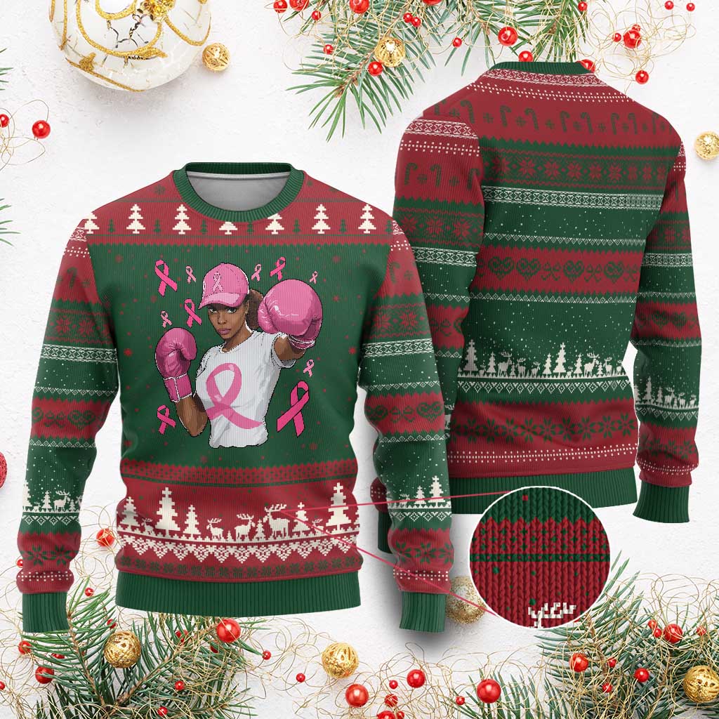 African American Fighter Breast Cancer Awareness Ugly Christmas Sweater Pink Ribbon TS11 Red Green Print Your Wear