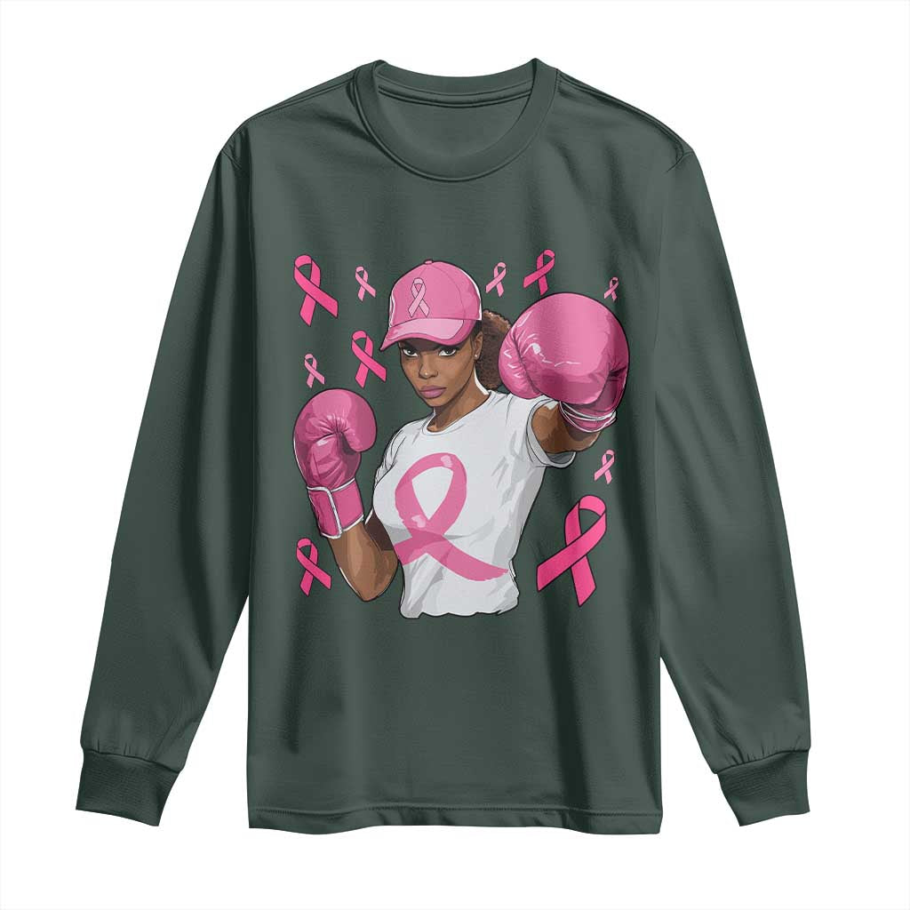African American Fighter Breast Cancer Awareness Long Sleeve Shirt Pink Ribbon TS11 Dark Forest Green Print Your Wear