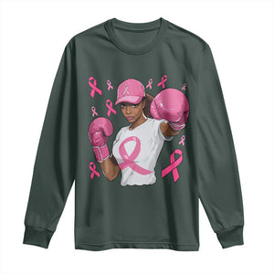 African American Fighter Breast Cancer Awareness Long Sleeve Shirt Pink Ribbon TS11 Dark Forest Green Print Your Wear