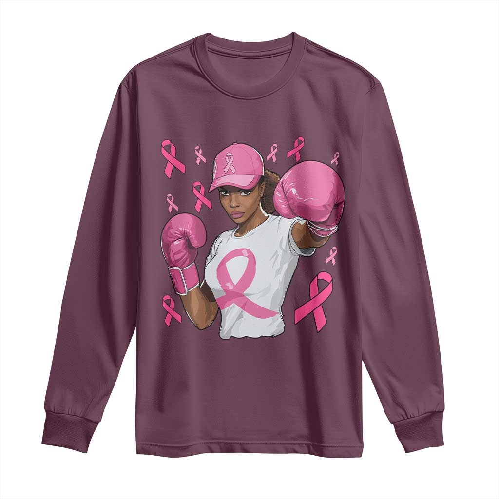 African American Fighter Breast Cancer Awareness Long Sleeve Shirt Pink Ribbon TS11 Maroon Print Your Wear
