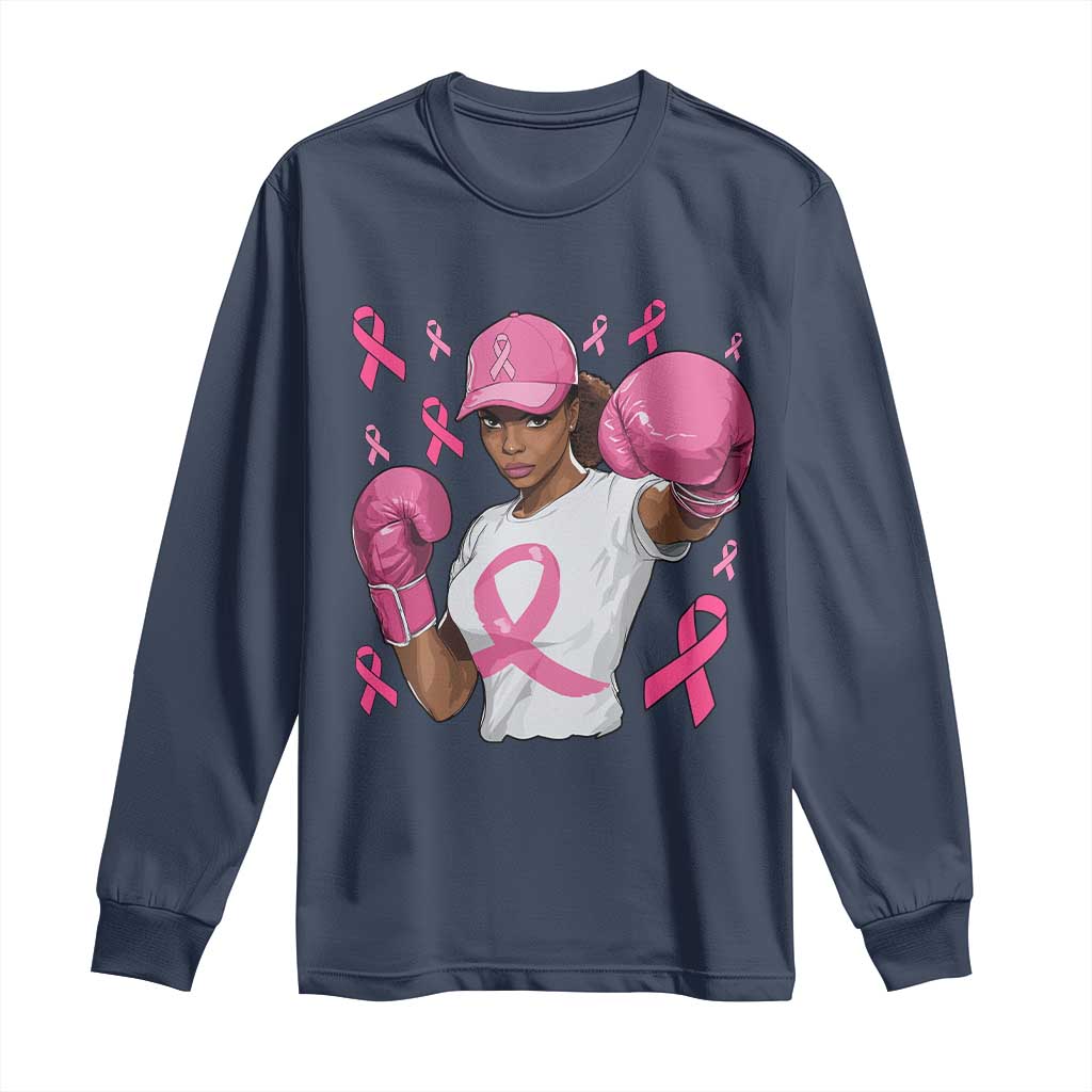 African American Fighter Breast Cancer Awareness Long Sleeve Shirt Pink Ribbon TS11 Navy Print Your Wear