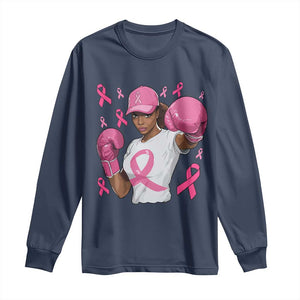 African American Fighter Breast Cancer Awareness Long Sleeve Shirt Pink Ribbon TS11 Navy Print Your Wear