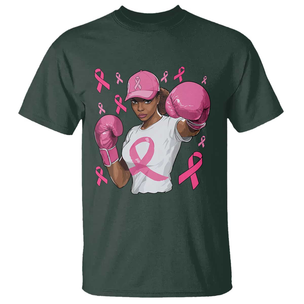 African American Fighter Breast Cancer Awareness T Shirt Pink Ribbon TS11 Dark Forest Green Print Your Wear