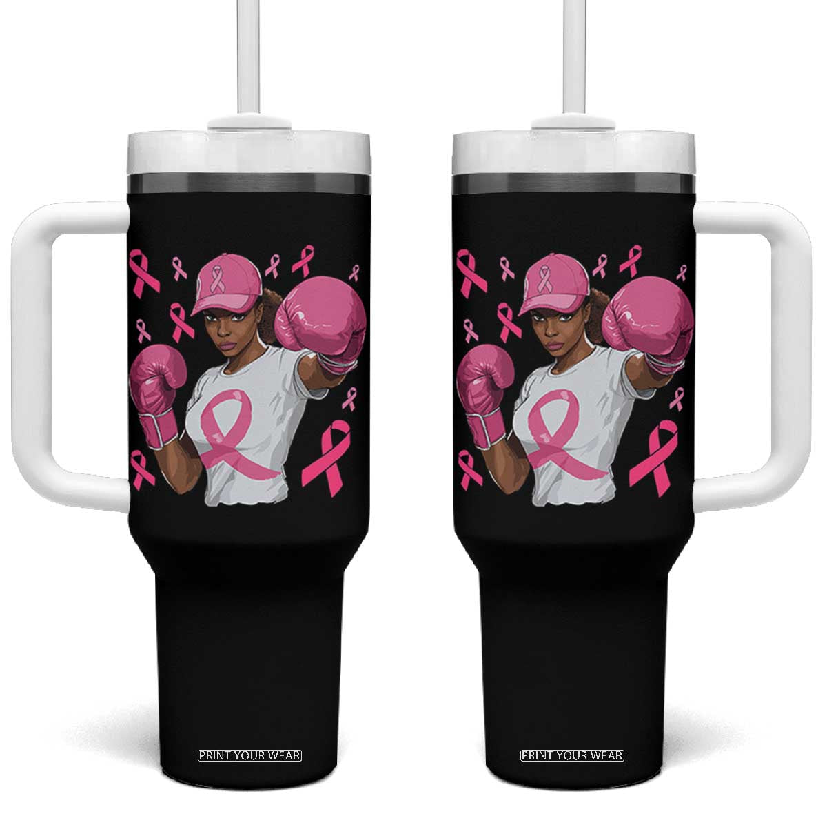 African American Fighter Breast Cancer Awareness Tumbler With Handle Pink Ribbon TS11 One Size: 40 oz Black Print Your Wear