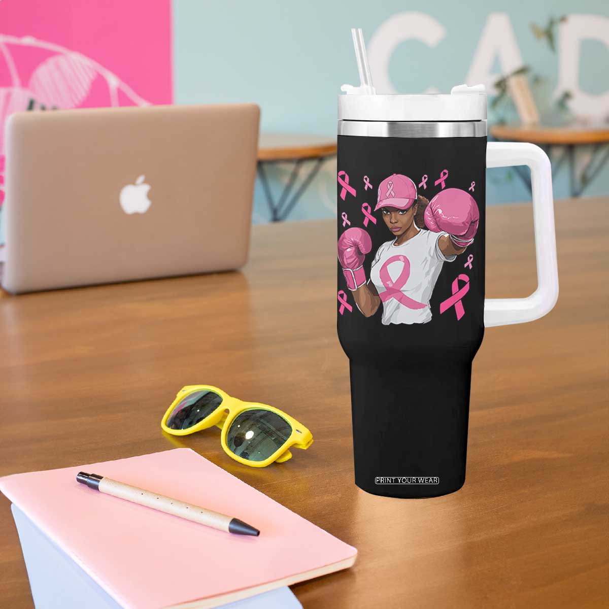 African American Fighter Breast Cancer Awareness Tumbler With Handle Pink Ribbon TS11 Print Your Wear