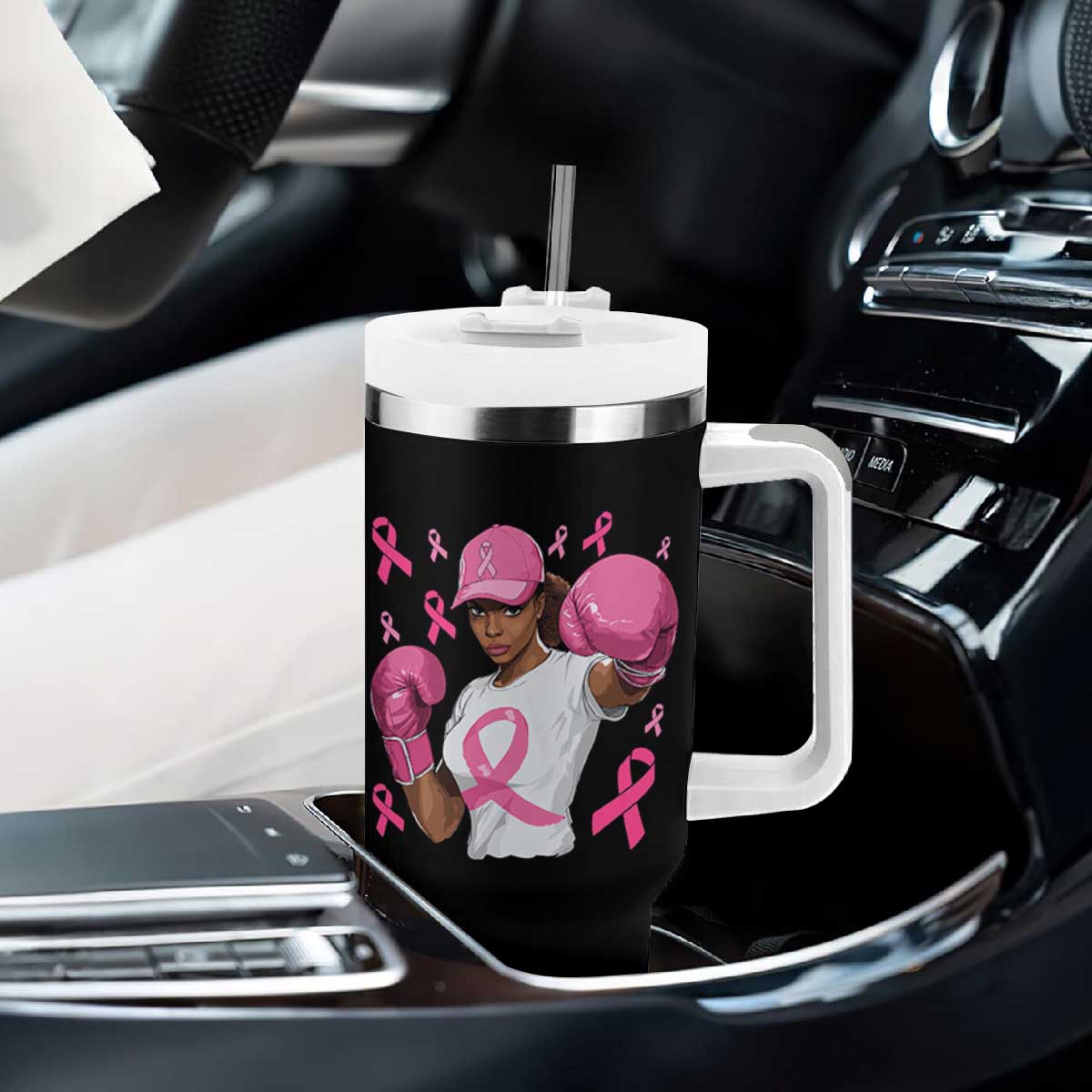African American Fighter Breast Cancer Awareness Tumbler With Handle Pink Ribbon TS11 Print Your Wear