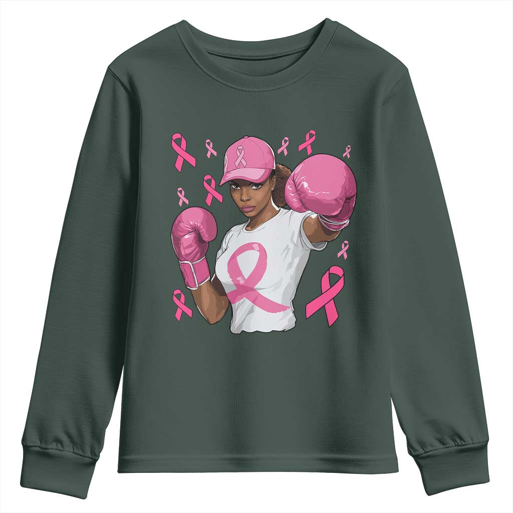 African American Fighter Breast Cancer Awareness Youth Sweatshirt Pink Ribbon TS11 Dark Forest Green Print Your Wear