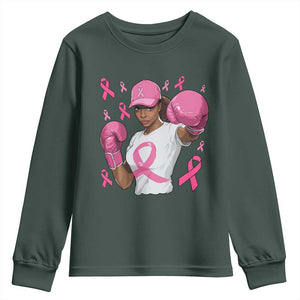 African American Fighter Breast Cancer Awareness Youth Sweatshirt Pink Ribbon TS11 Dark Forest Green Print Your Wear