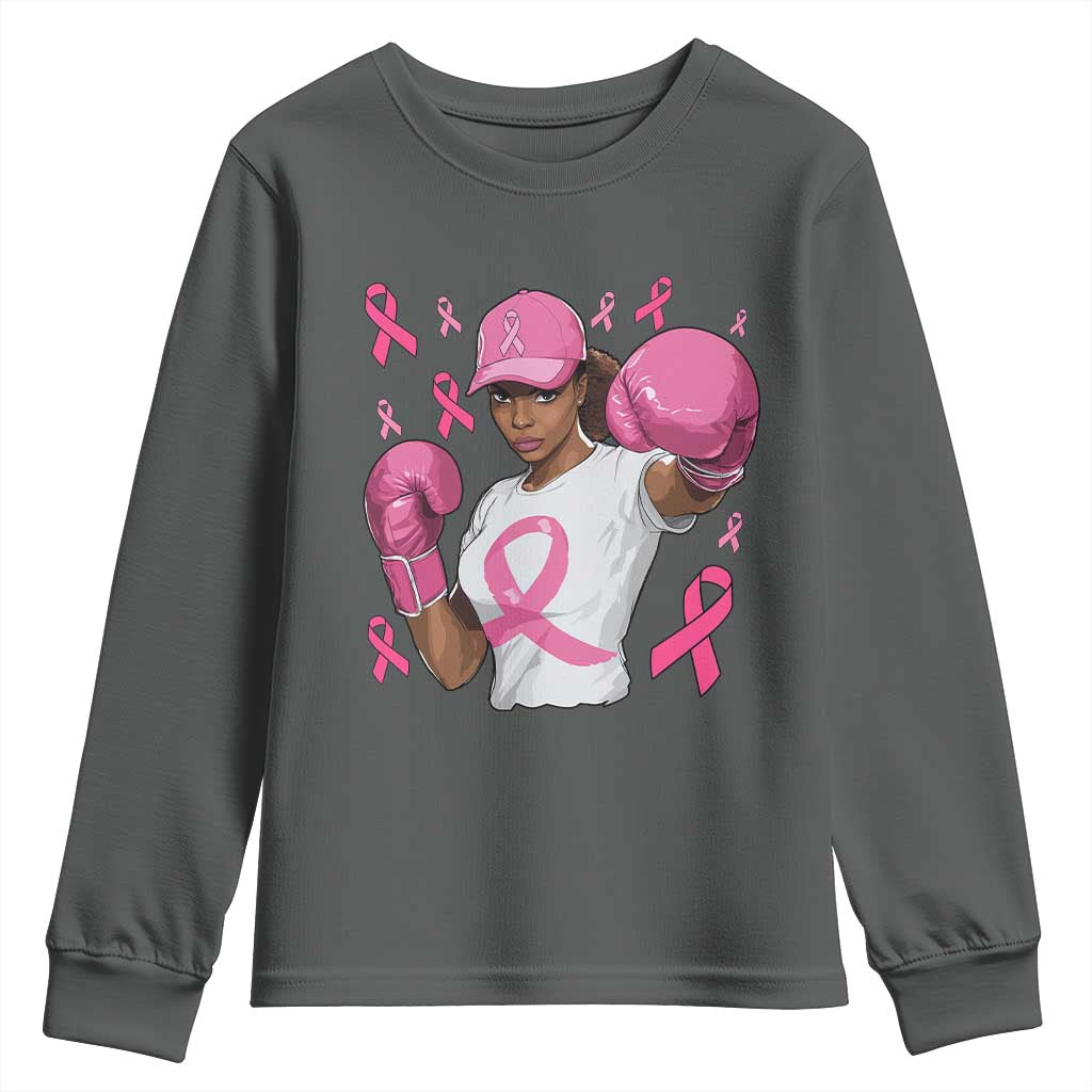 African American Fighter Breast Cancer Awareness Youth Sweatshirt Pink Ribbon TS11 Dark Heather Print Your Wear
