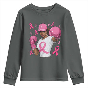 African American Fighter Breast Cancer Awareness Youth Sweatshirt Pink Ribbon TS11 Dark Heather Print Your Wear