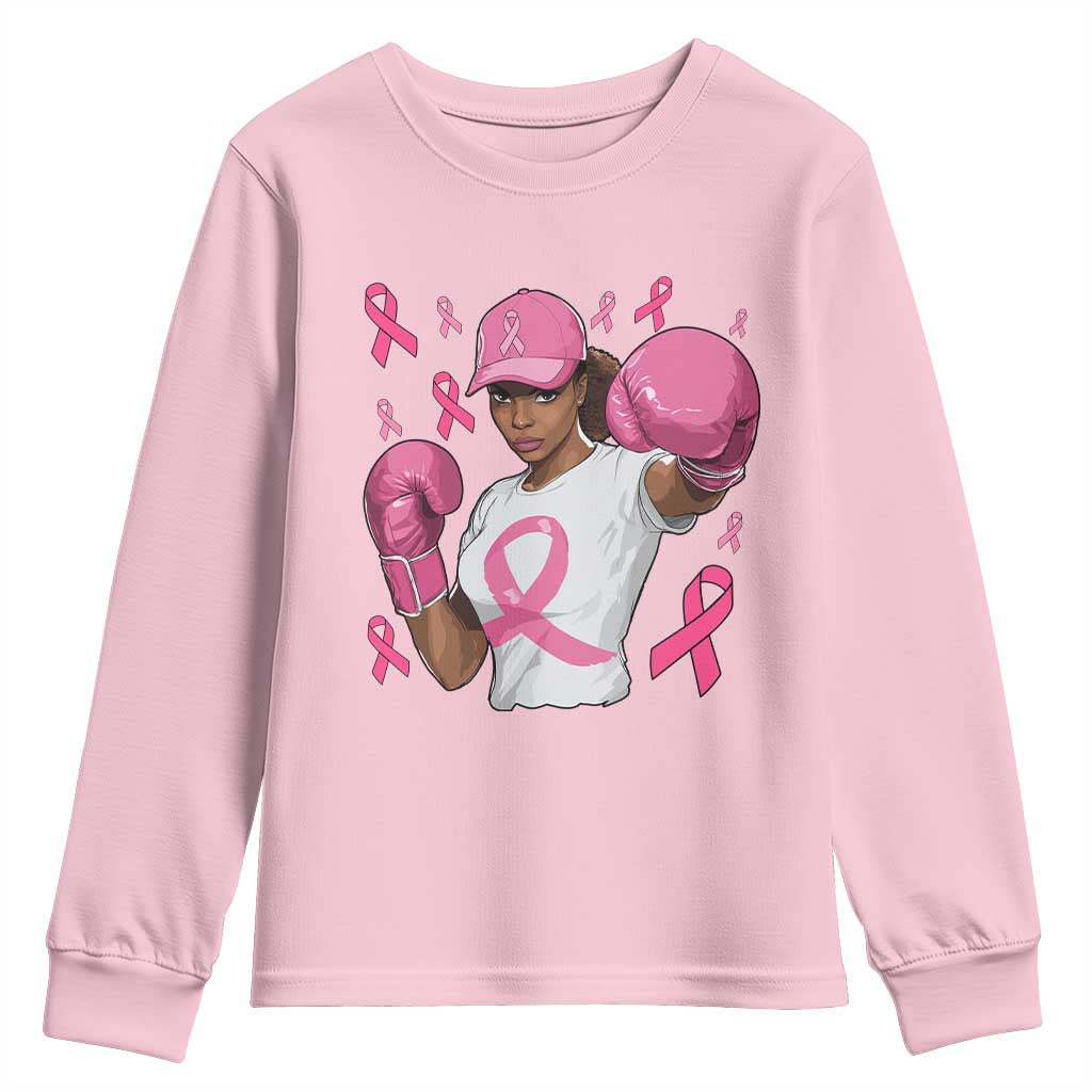 African American Fighter Breast Cancer Awareness Youth Sweatshirt Pink Ribbon TS11 Light Pink Print Your Wear