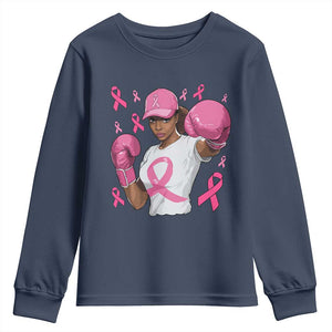 African American Fighter Breast Cancer Awareness Youth Sweatshirt Pink Ribbon TS11 Navy Print Your Wear