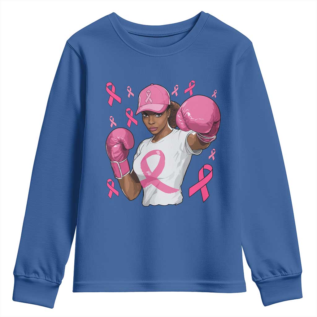African American Fighter Breast Cancer Awareness Youth Sweatshirt Pink Ribbon TS11 Royal Blue Print Your Wear