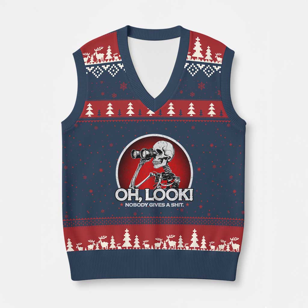 Oh Look Nobody Gives A Shit V-Neck Knit Sweater Vest Funny Sarcastic Humor Skeleton TS11 Navy Red Print Your Wear