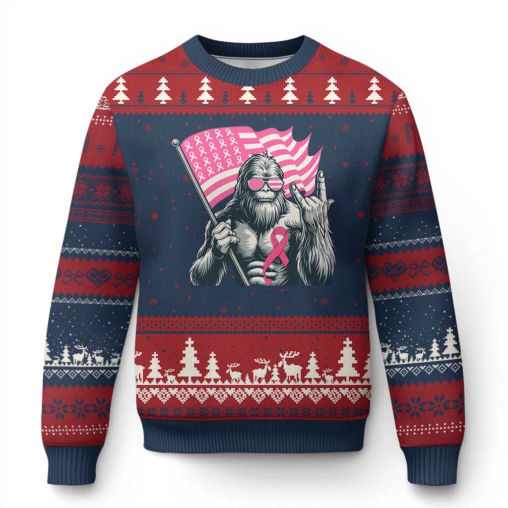 Funny Bigfoot Breast Cancer Awareness Ugly Christmas Sweater Sasquatch Pink Ribbon TS11 Navy Red Print Your Wear