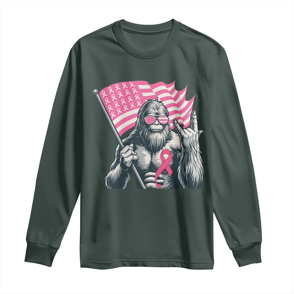 Funny Bigfoot Breast Cancer Awareness Long Sleeve Shirt Sasquatch Pink Ribbon TS11 Dark Forest Green Print Your Wear