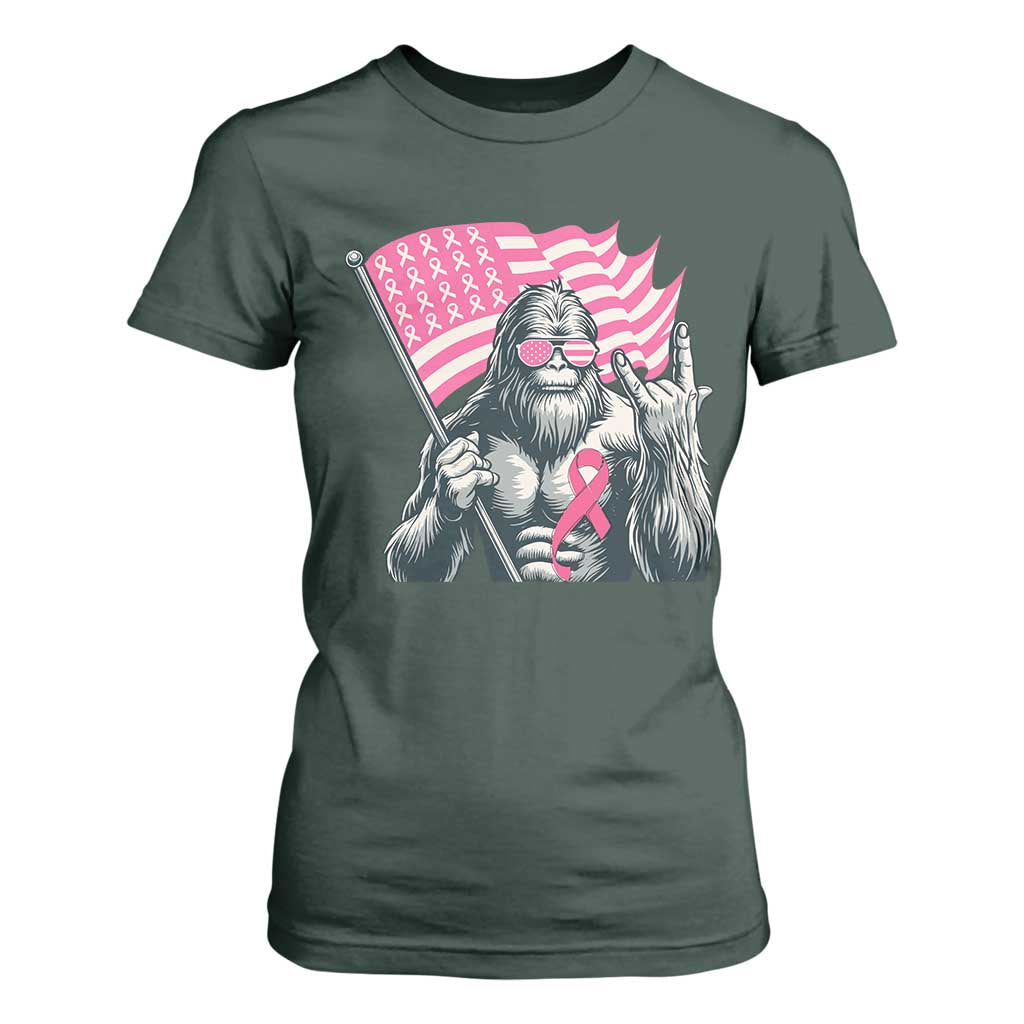 Funny Bigfoot Breast Cancer Awareness T Shirt For Women Sasquatch Pink Ribbon TS11 Dark Forest Green Print Your Wear