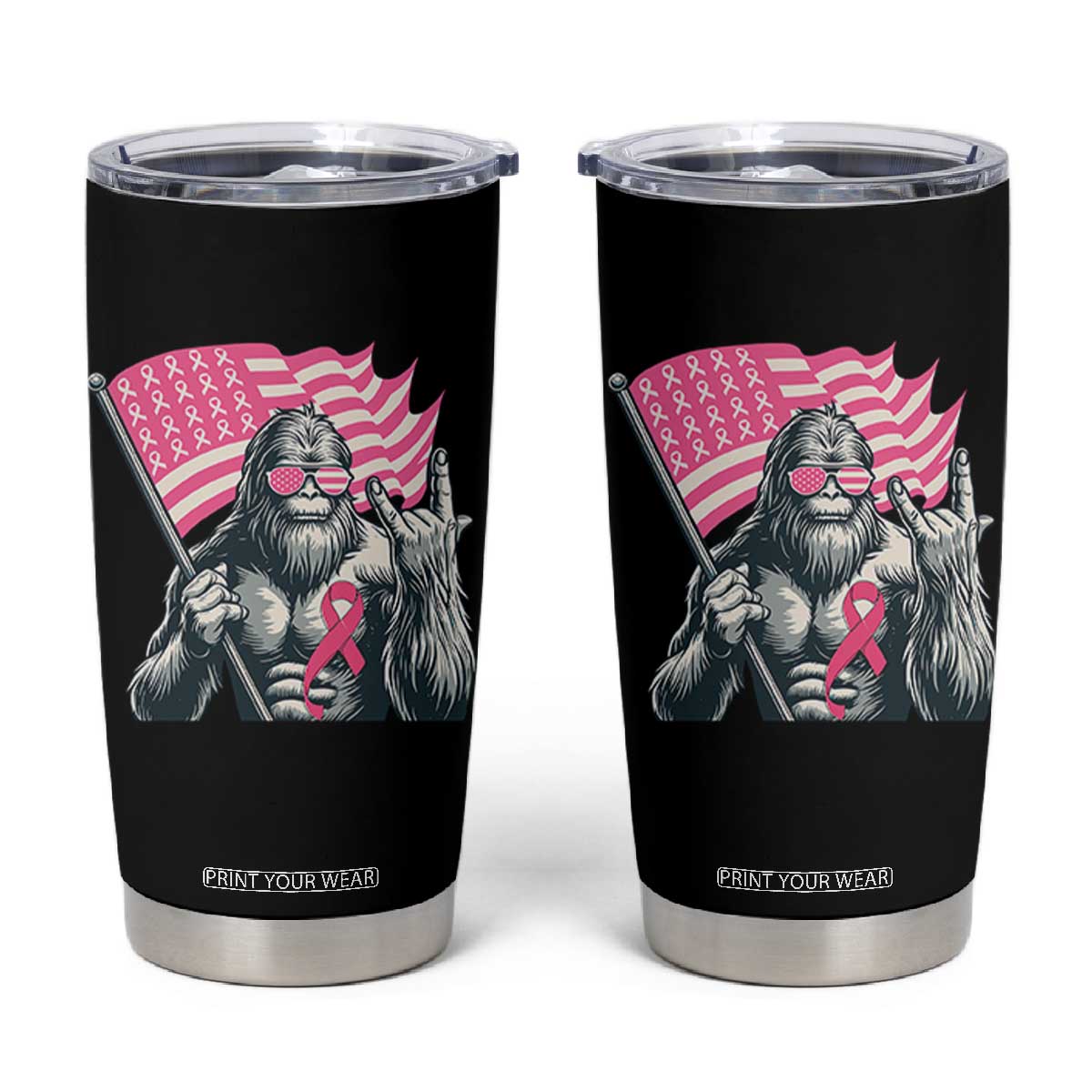 Funny Bigfoot Breast Cancer Awareness Tumbler Cup Sasquatch Pink Ribbon TS11 Black Print Your Wear