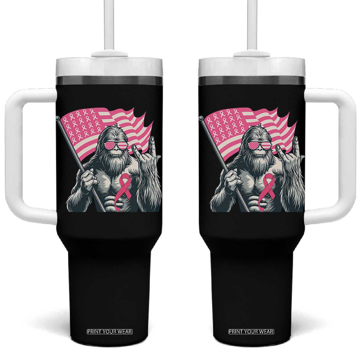Funny Bigfoot Breast Cancer Awareness Tumbler With Handle Sasquatch Pink Ribbon TS11 One Size: 40 oz Black Print Your Wear