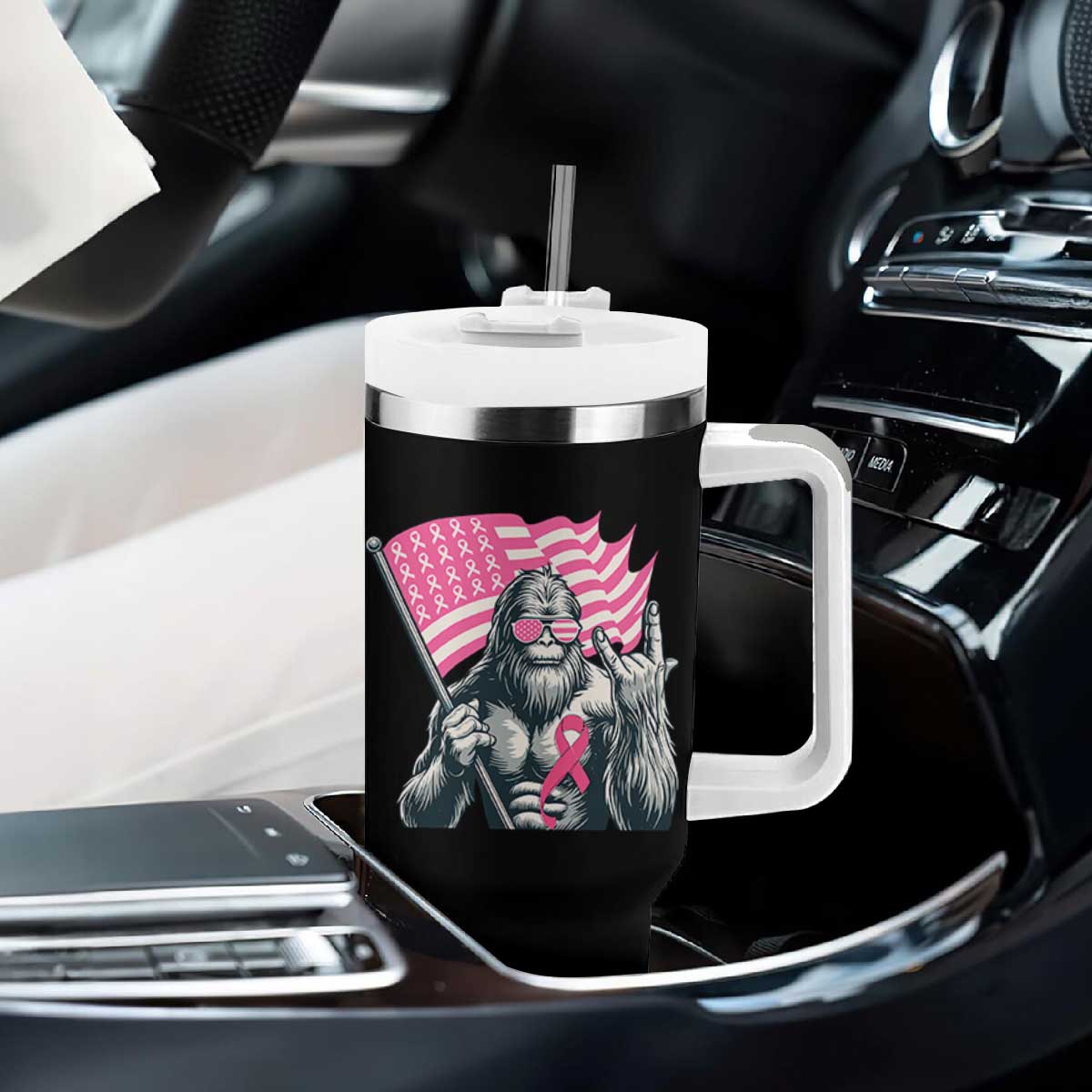 Funny Bigfoot Breast Cancer Awareness Tumbler With Handle Sasquatch Pink Ribbon TS11 Print Your Wear