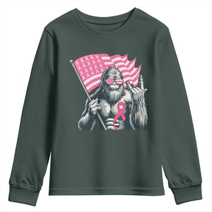 Funny Bigfoot Breast Cancer Awareness Youth Sweatshirt Sasquatch Pink Ribbon TS11 Dark Forest Green Print Your Wear