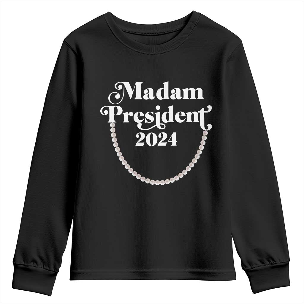 Harris Supporter Youth Sweatshirt Madam President 2024 First Female President Election TS11 Black Print Your Wear