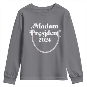 Harris Supporter Youth Sweatshirt Madam President 2024 First Female President Election TS11 Charcoal Print Your Wear