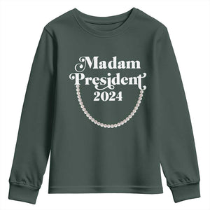 Harris Supporter Youth Sweatshirt Madam President 2024 First Female President Election TS11 Dark Forest Green Print Your Wear