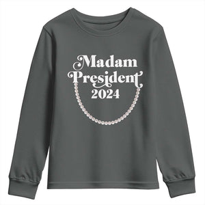 Harris Supporter Youth Sweatshirt Madam President 2024 First Female President Election TS11 Dark Heather Print Your Wear