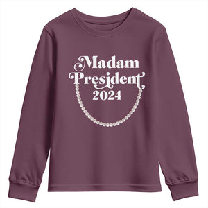 Harris Supporter Youth Sweatshirt Madam President 2024 First Female President Election TS11 Maroon Print Your Wear