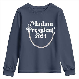 Harris Supporter Youth Sweatshirt Madam President 2024 First Female President Election TS11 Navy Print Your Wear